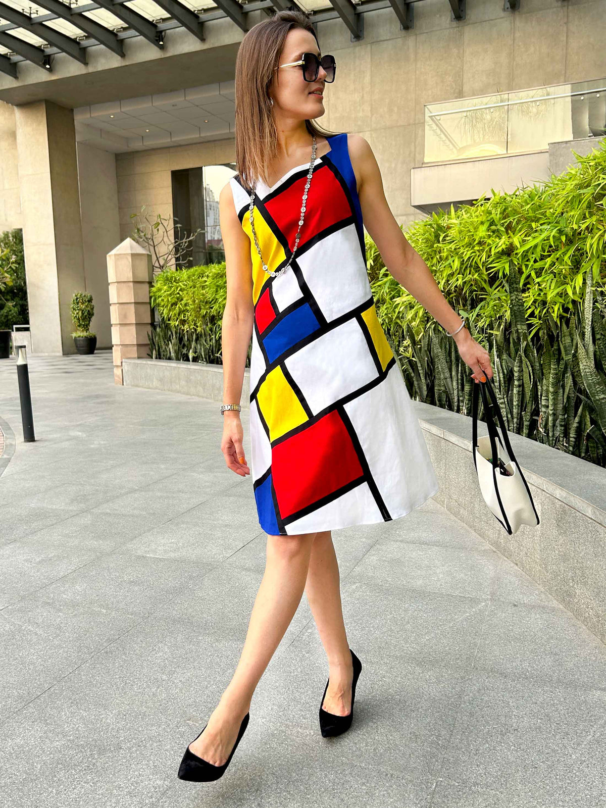 PRISCILLA CALIFORNIA COLORS MONDRIAN HAND WOVEN COTTON PATCHWORK DRESS