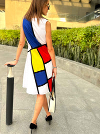 PRISCILLA CALIFORNIA COLORS MONDRIAN HAND WOVEN COTTON PATCHWORK DRESS