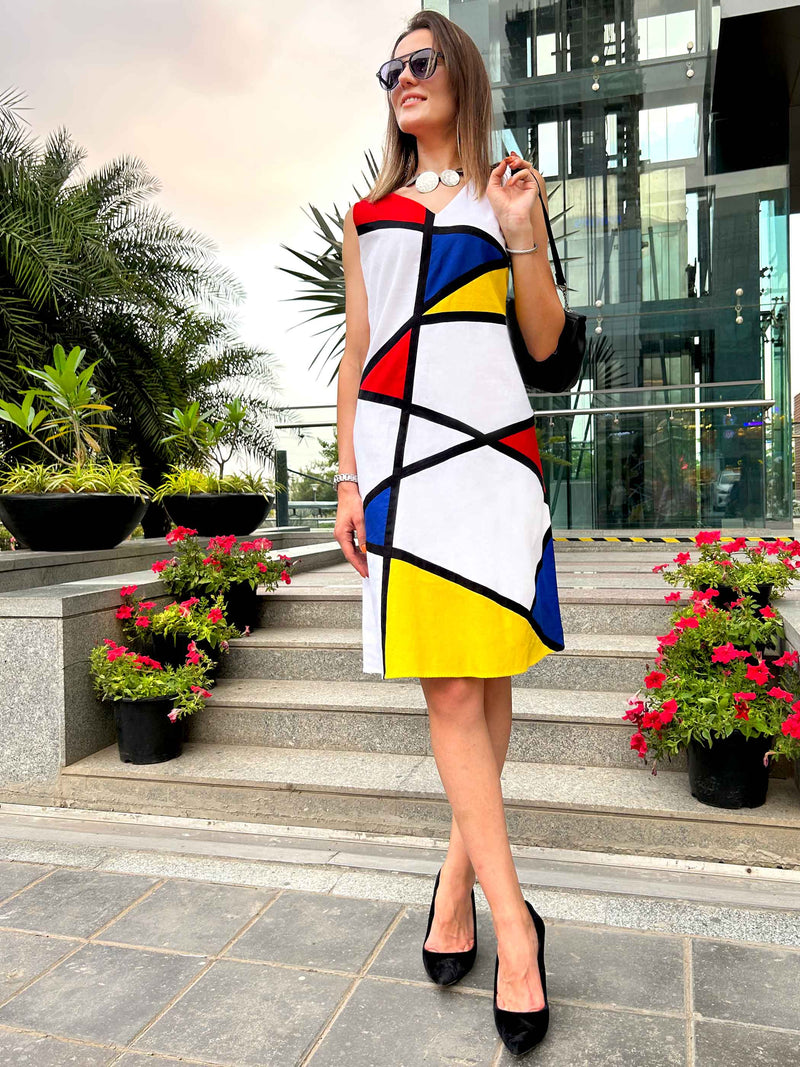 PAOLINA CALIFORNIA COLORS MONDRIAN HAND WOVEN COTTON PATCHWORK DRESS