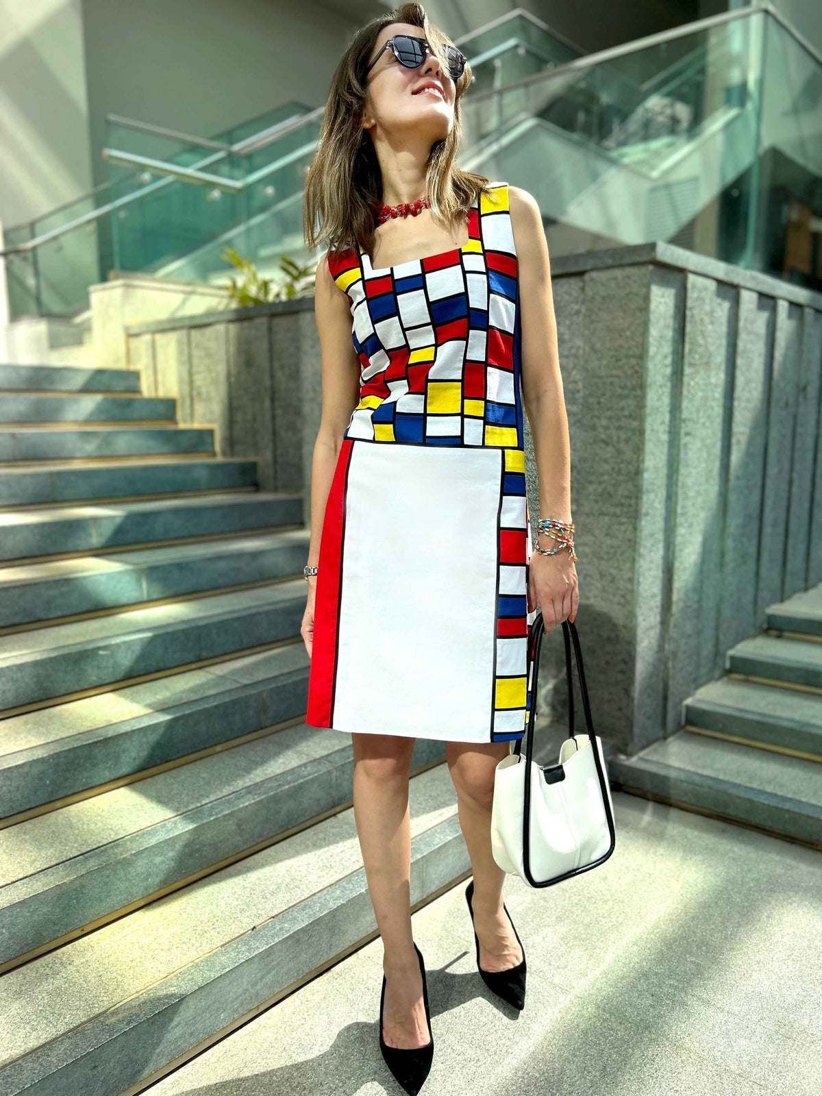 PAM CALIFORNIA COLORS MONDRIAN HAND WOVEN COTTON PATCHWORK DRESS