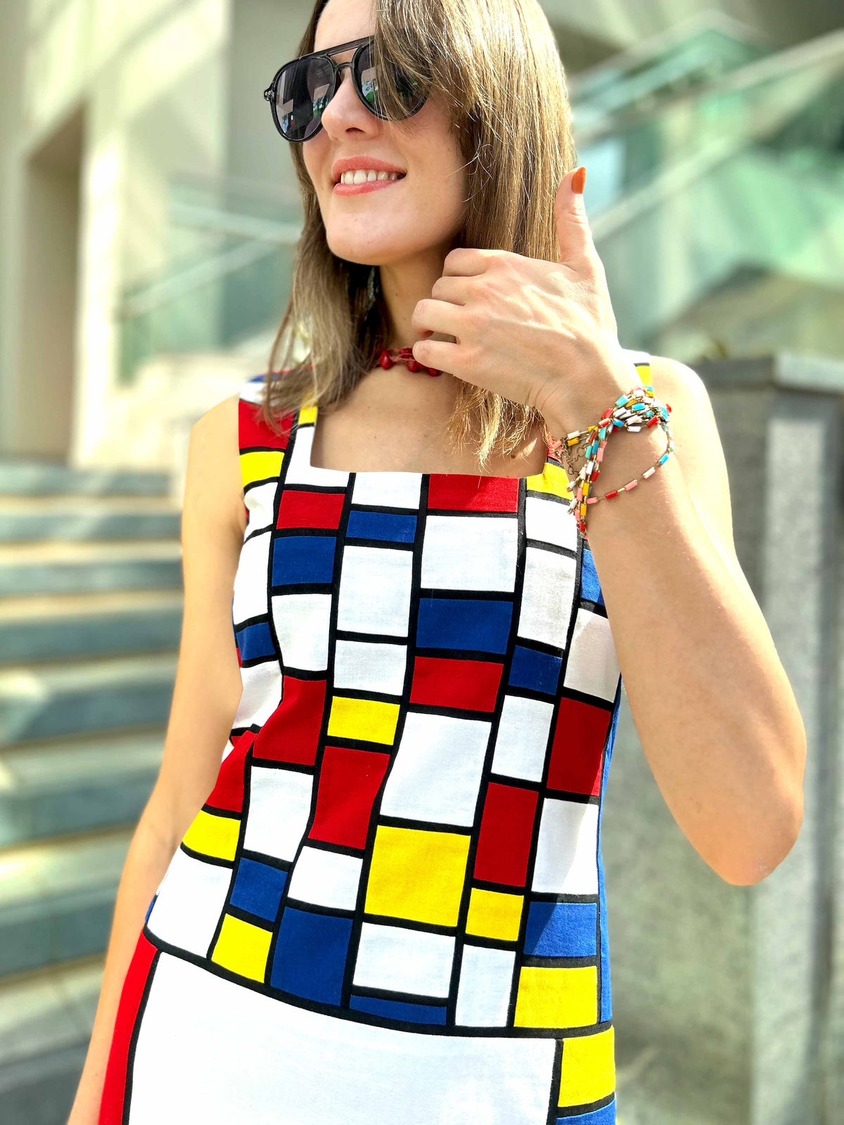 PAM CALIFORNIA COLORS MONDRIAN HAND WOVEN COTTON PATCHWORK DRESS