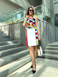 PAM CALIFORNIA COLORS MONDRIAN HAND WOVEN COTTON PATCHWORK DRESS