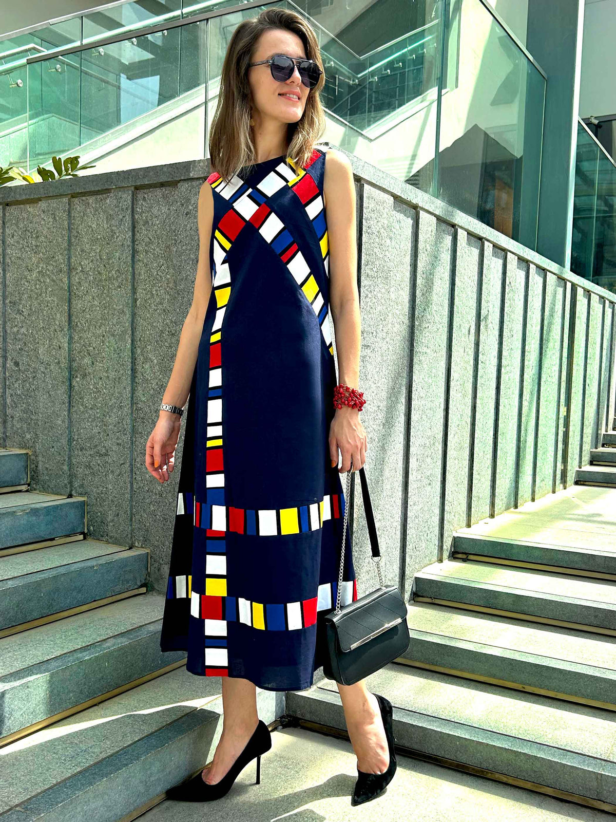 POPPIE CALIFORNIA COLORS MONDRIAN HAND WOVEN COTTON PATCHWORK DRESS