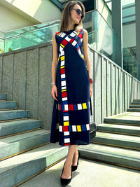 POPPIE CALIFORNIA COLORS MONDRIAN HAND WOVEN COTTON PATCHWORK DRESS