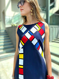 POPPIE CALIFORNIA COLORS MONDRIAN HAND WOVEN COTTON PATCHWORK DRESS