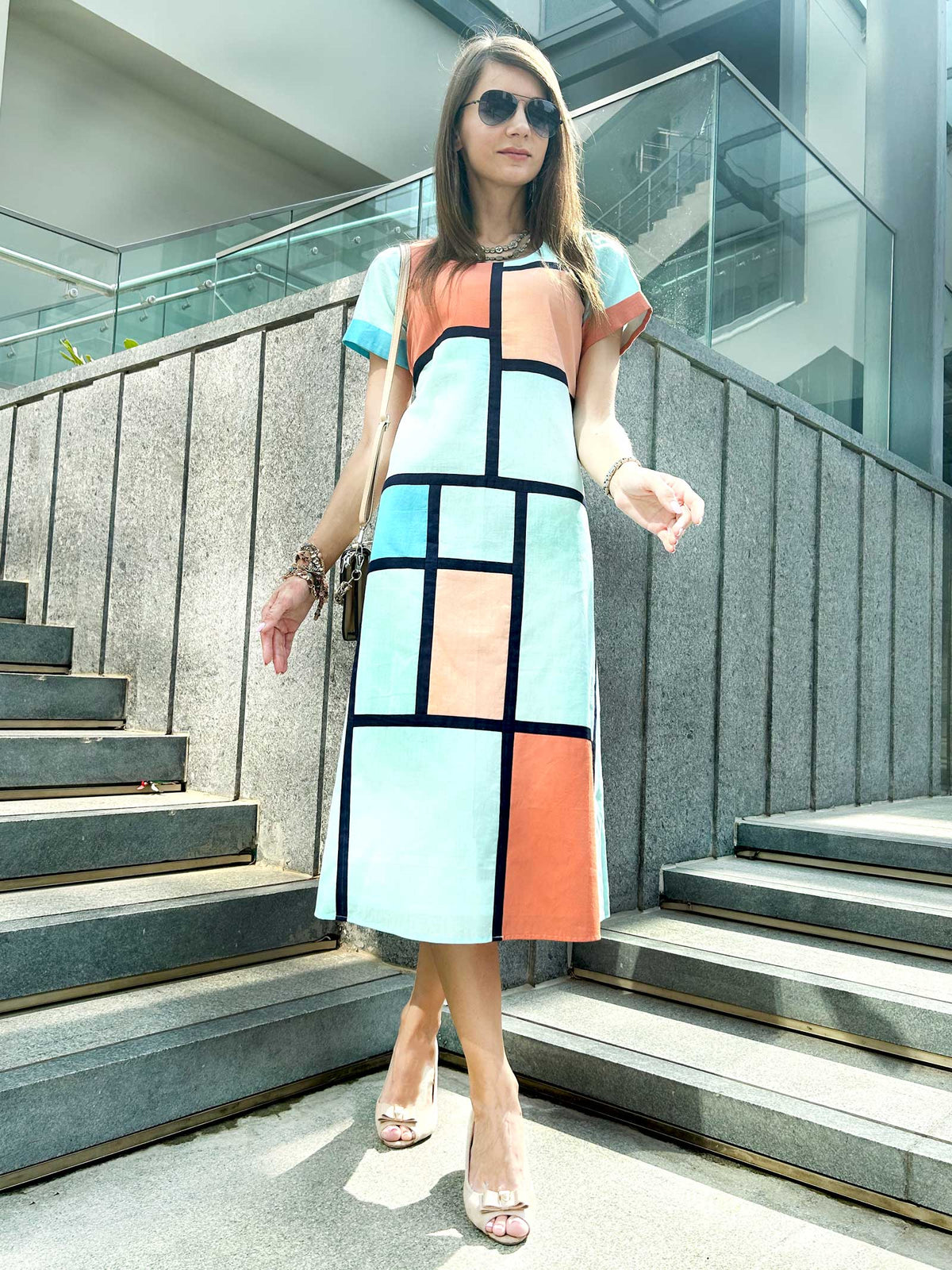 MCKENNA CALIFORNIA COLORS MONDRIAN HAND WOVEN COTTON PATCHWORK DRESS