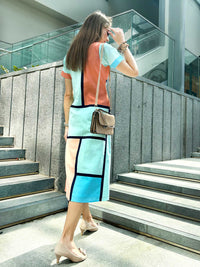 MCKENNA CALIFORNIA COLORS MONDRIAN HAND WOVEN COTTON PATCHWORK DRESS