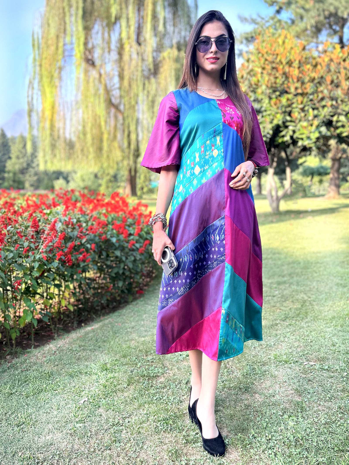 KARLY GORGEOUS KASHMIR PATOLA SILK PATCHWORK DRESS