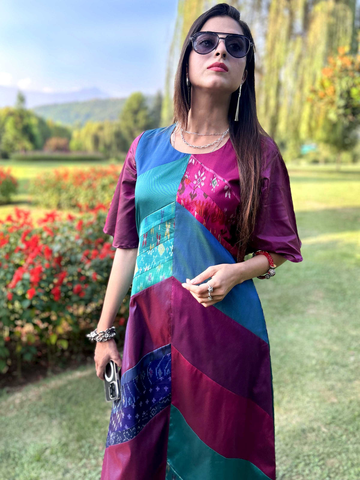 KARLY GORGEOUS KASHMIR PATOLA SILK PATCHWORK DRESS