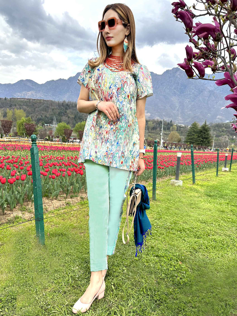 LUCY GORGEOUS KASHMIR WATER MARBLED PURE SILK TUNIC SET
